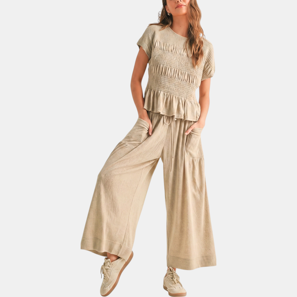 Women's Wide Leg Peplum Lounge Set with Smocked Top