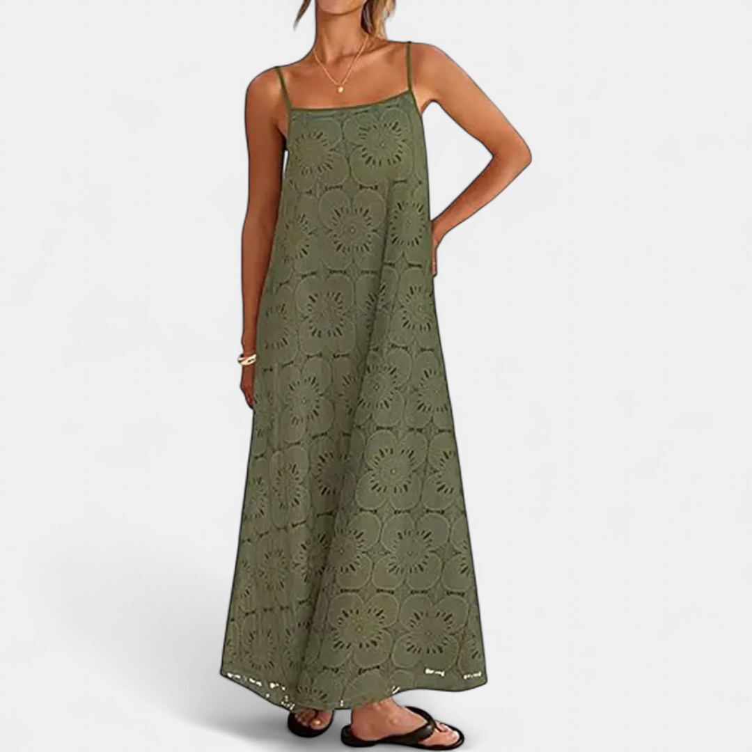 LUNA | Bohemian Maxi Dress with Floral Lace Eyelet Details