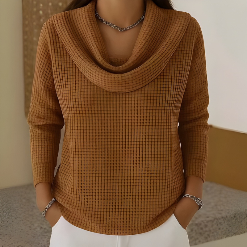 Amber - Cozy Waffle Sweater with Chic Waterfall Neckline