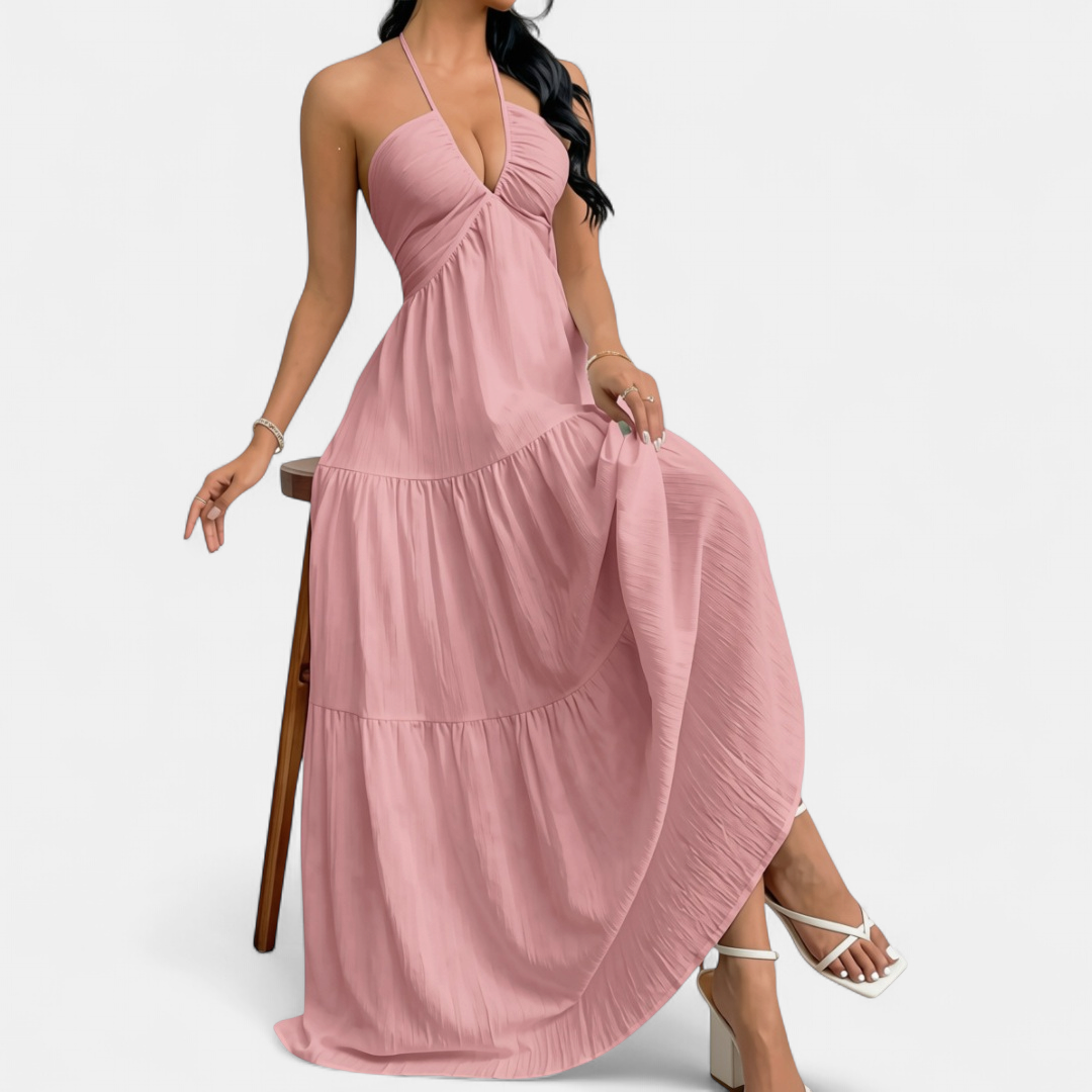 ZARA™ – Chic Halter Neck Maxi Dress with Tie-Back Detail