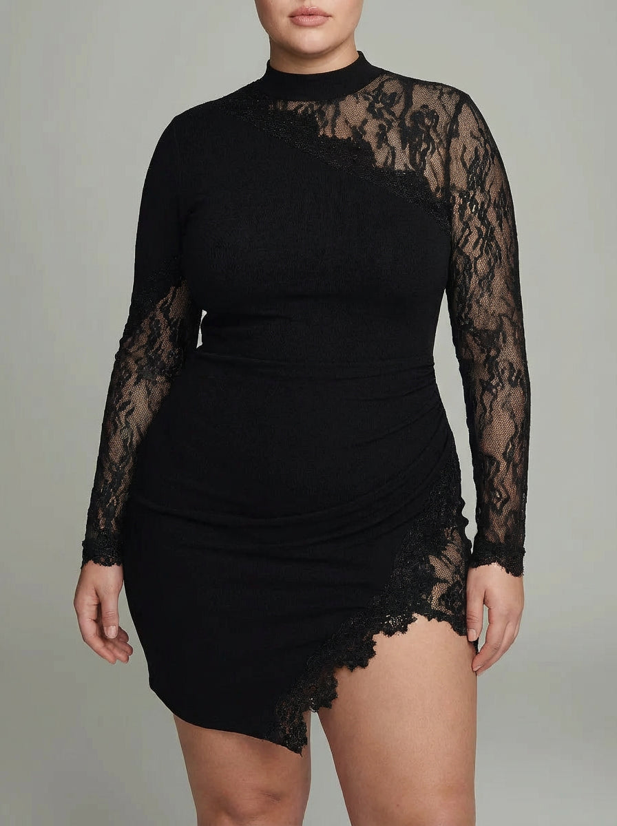 Elspeth | Black Asymmetrical Tulle Mini Dress with Long Sleeve Lace Turtleneck