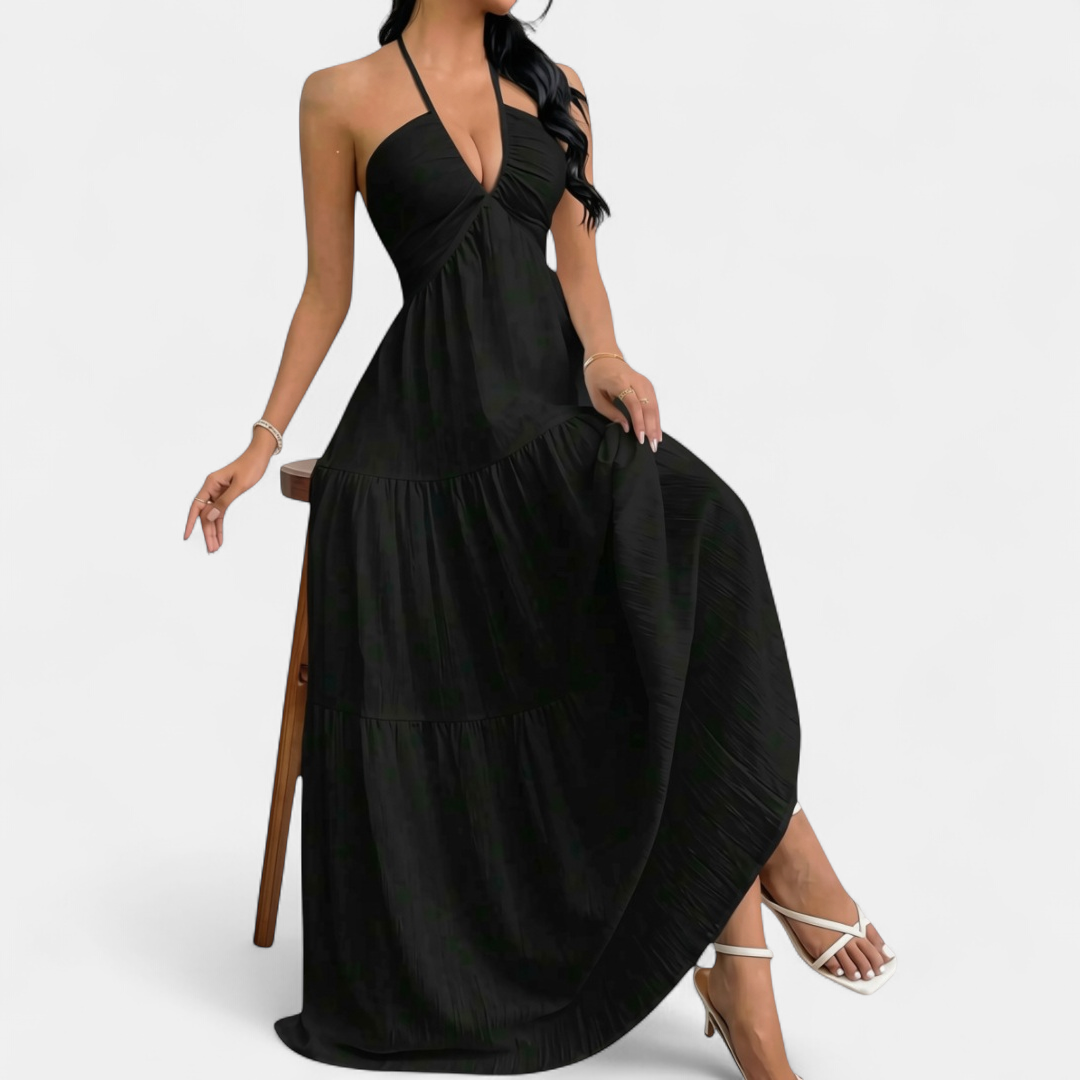 ZARA™ – Chic Halter Neck Maxi Dress with Tie-Back Detail