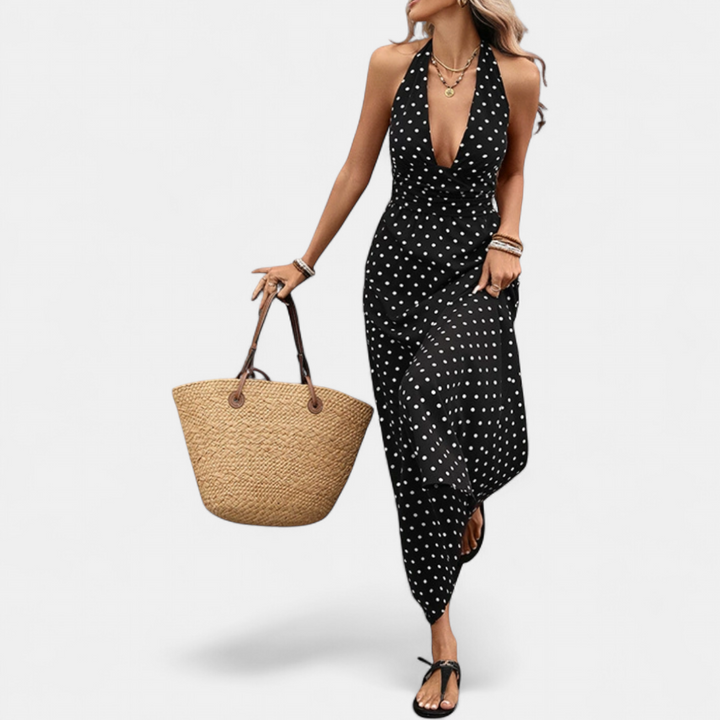 VIVA | Chic Polka Dot Halter Maxi Dress