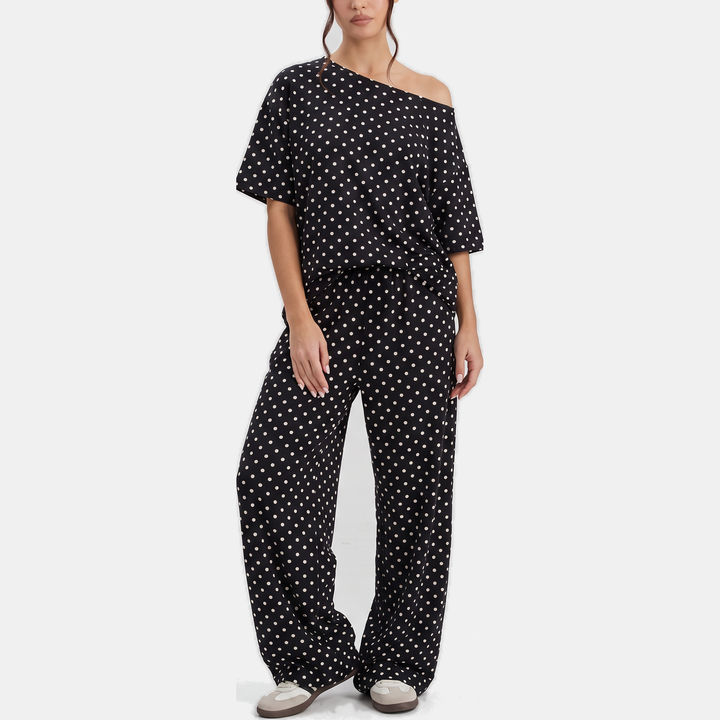 Off-Shoulder Top and Wide-Leg Trousers Women's Lounge Set