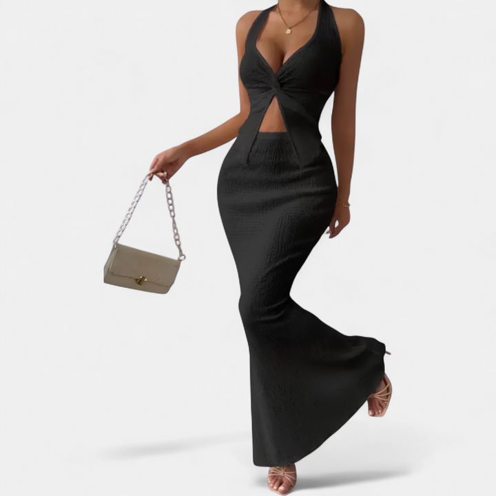 CAITRIONA | Twisted Front Halter Crop Maxi Ensemble