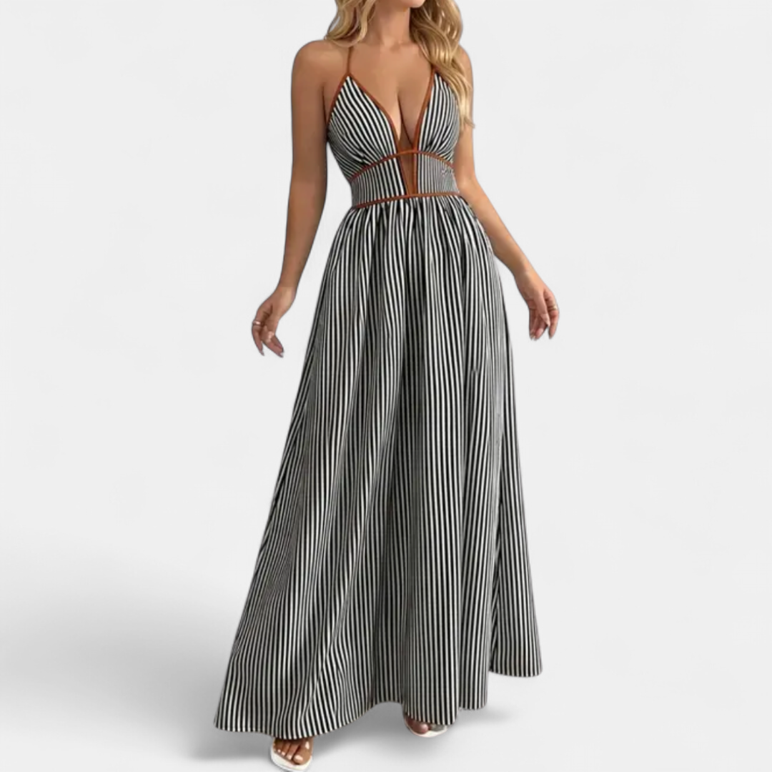 CASPIENNE | Striped V-Neck Halter Maxi Gown