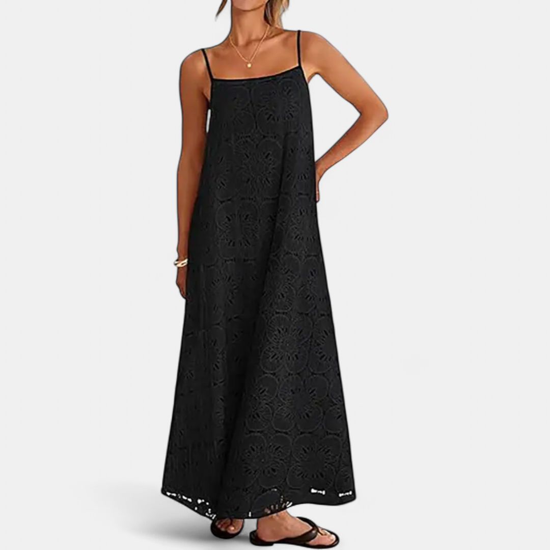 LUNA | Bohemian Maxi Dress with Floral Lace Eyelet Details