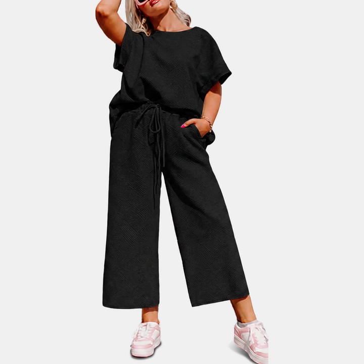 Women's Cropped Wide Leg Lounge Set with Textured Blouson Top