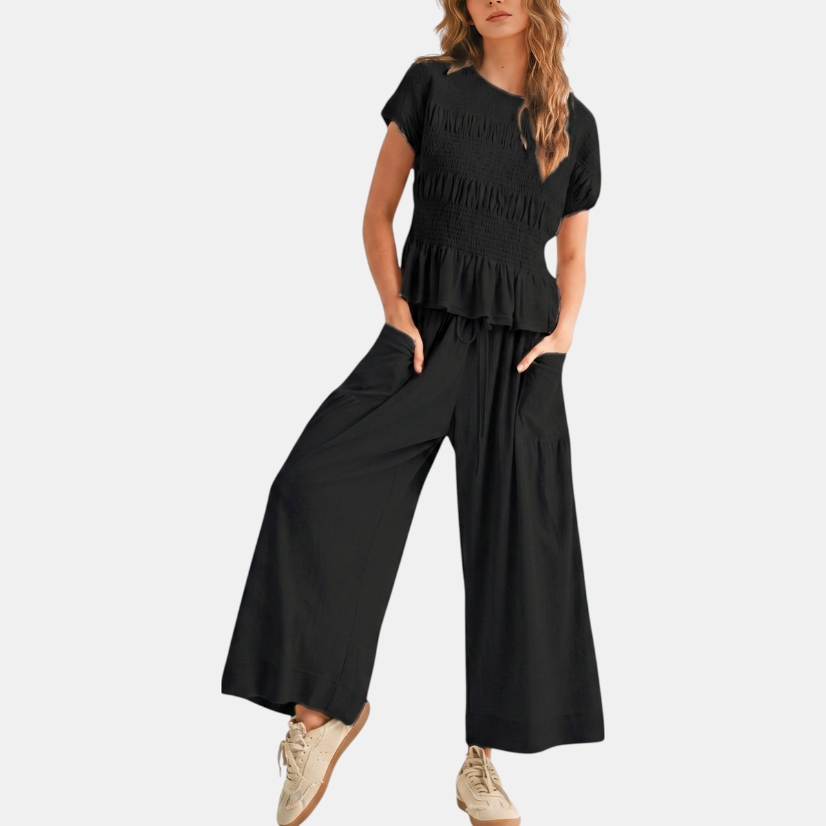 Women's Wide Leg Peplum Lounge Set with Smocked Top