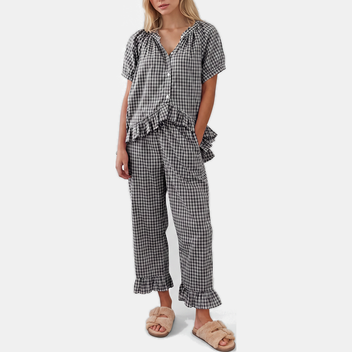 Women's Ruffle Hem Cropped Pajama Set with Wide Leg Pants