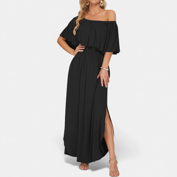 SOLÈNE™ – Off-Shoulder Maxi Dress with Print