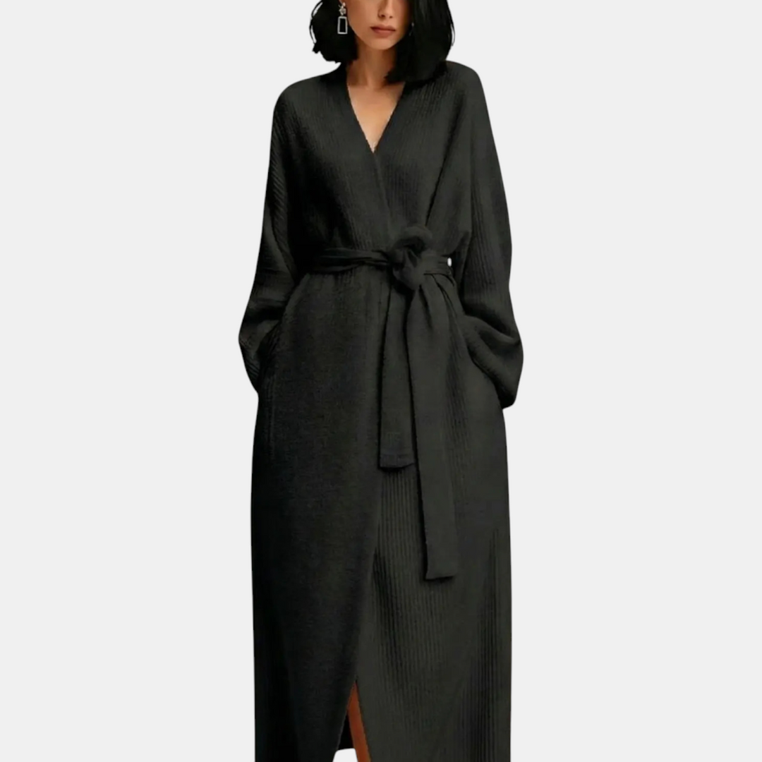 Maxi Ribbed Knit Wrap Robe for Women with Self-Tie Belt