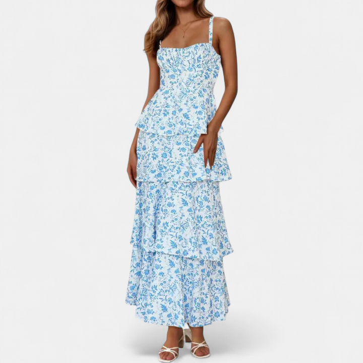 ISOLDE | Tiered Maxi Dress with Floral Spaghetti Straps