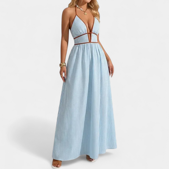CASPIENNE | Striped V-Neck Halter Maxi Gown