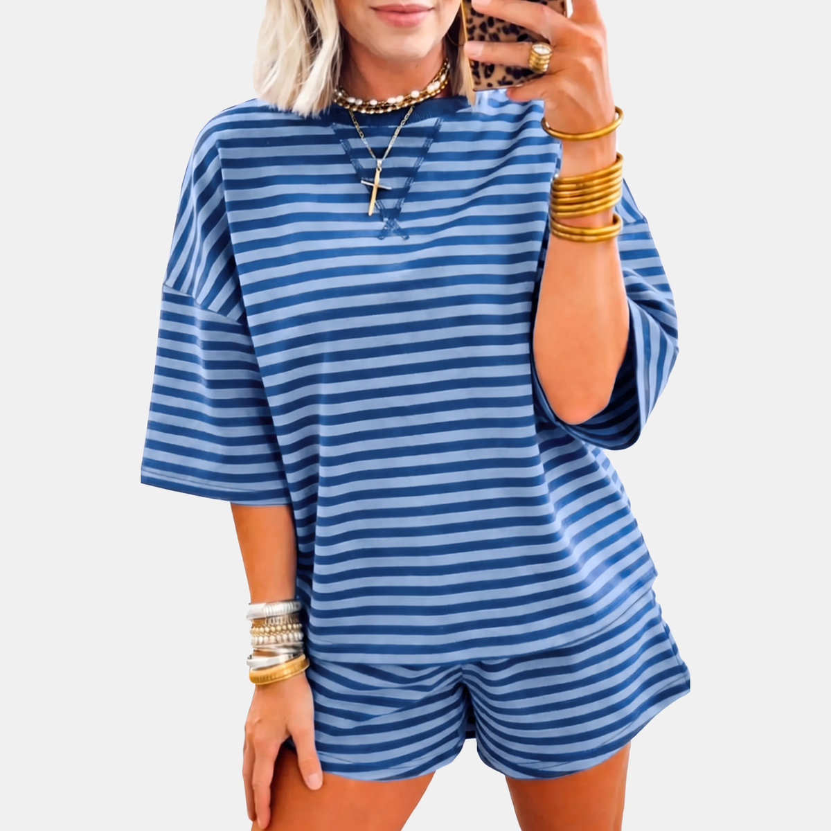 Women's Oversized Striped Lounge Set with Drop Shoulder Top and Shorts
