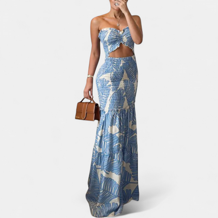 SOLÈNE | Tropical Print Smocked Mermaid Maxi Gown