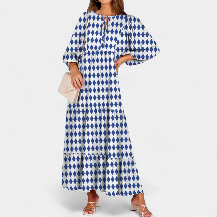 LYRIA | Bohemian Geometric Maxi Dress with Puff Sleeves