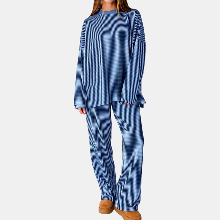 Striped Oversized Two-Piece Women's Pajama Set with Wide Leg