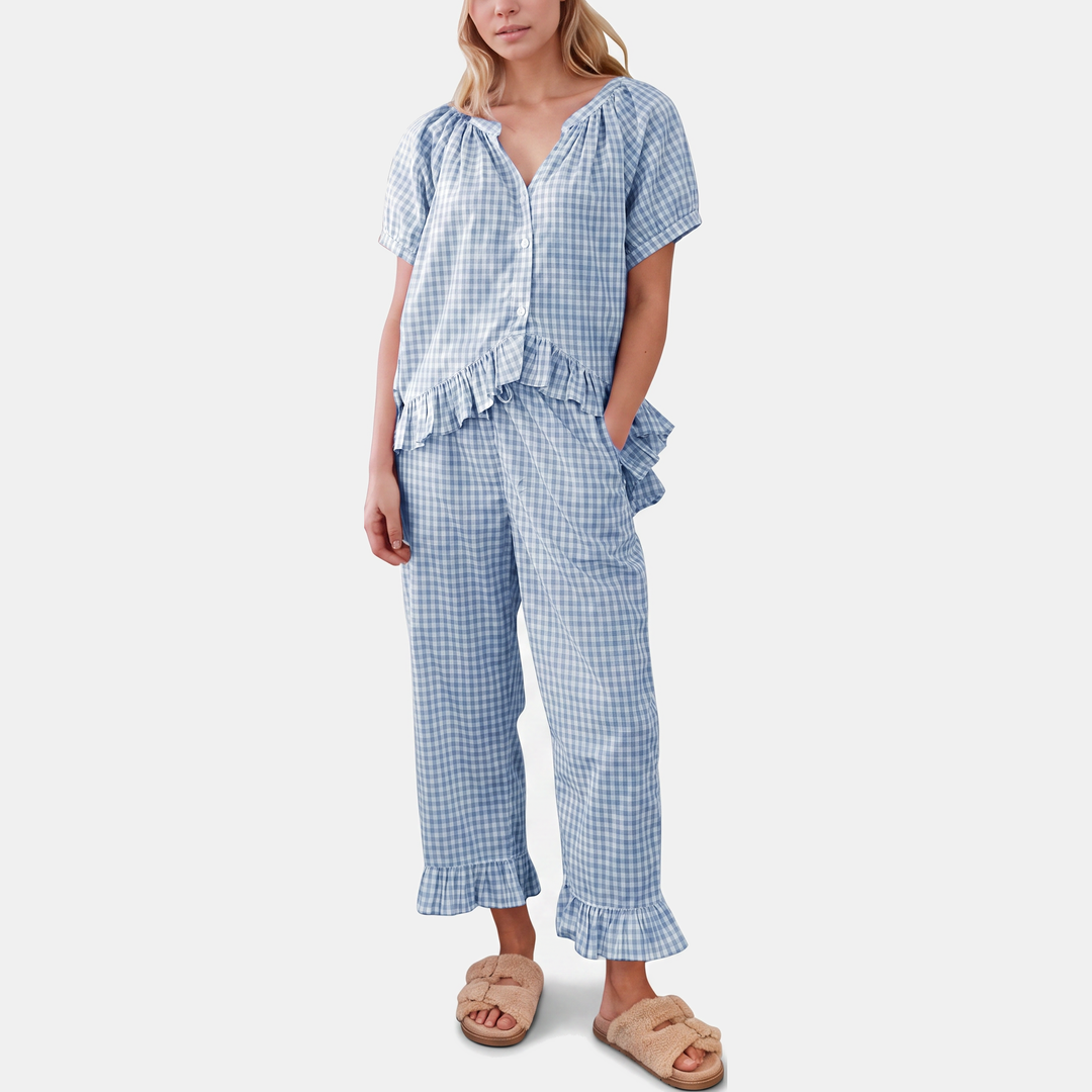 Women's Ruffle Hem Cropped Pajama Set with Wide Leg Pants