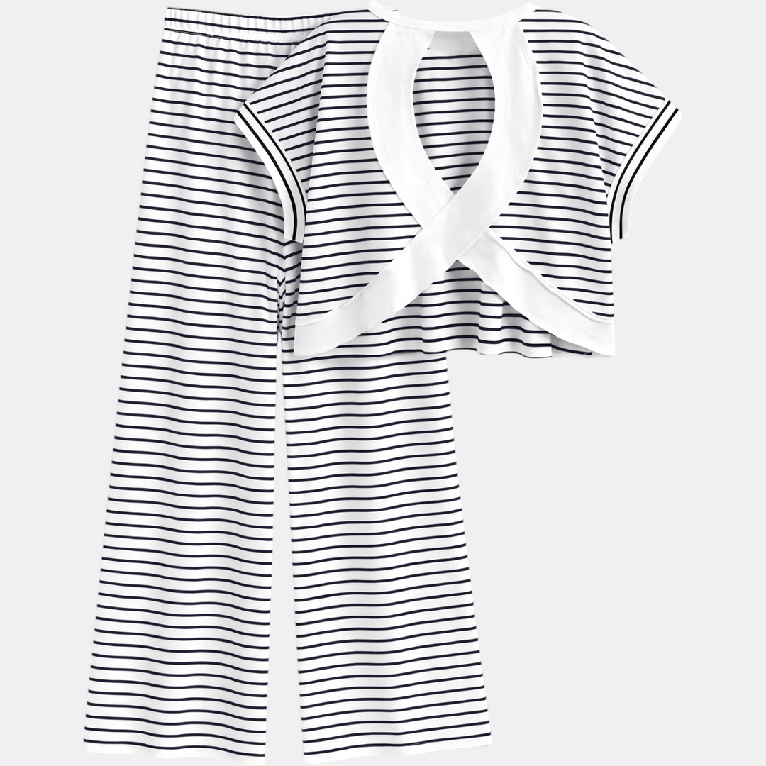 Women's Striped Pajama Set with Open Back and Crossback Design, Wide Leg