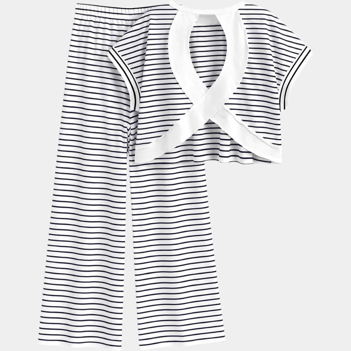 Women's Striped Pajama Set with Open Back and Crossback Design, Wide Leg