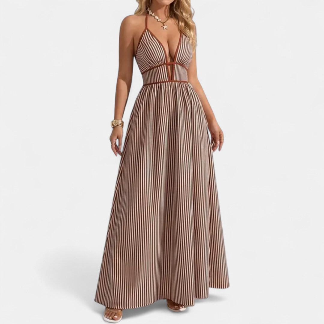 CASPIENNE | Striped V-Neck Halter Maxi Gown
