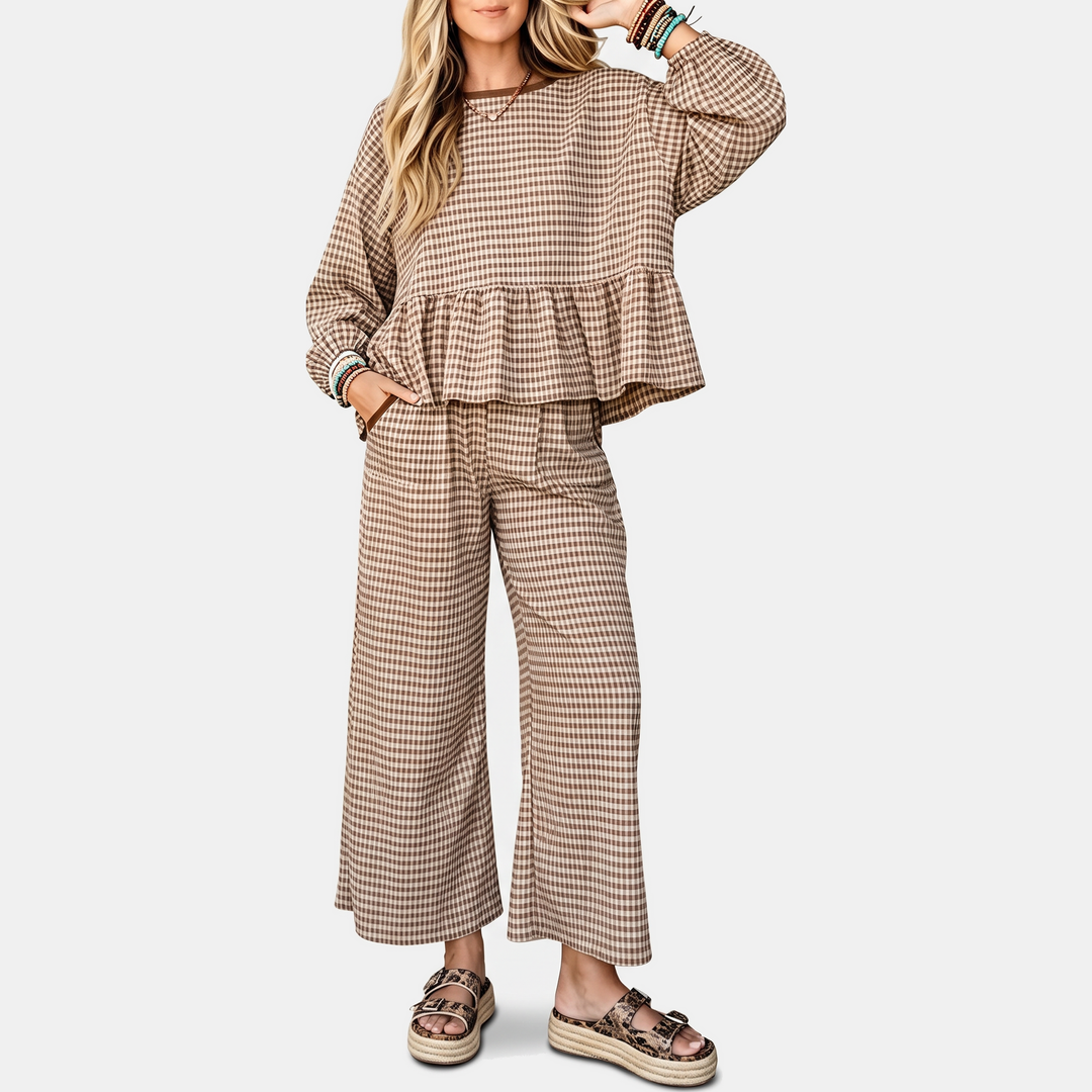 Women's Ruffle Hem Cropped Lounge Set with Wide Leg Trousers