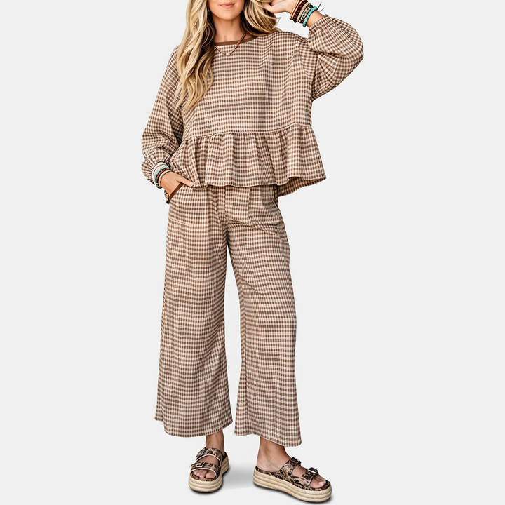 Women's Ruffle Hem Cropped Lounge Set with Wide Leg Trousers