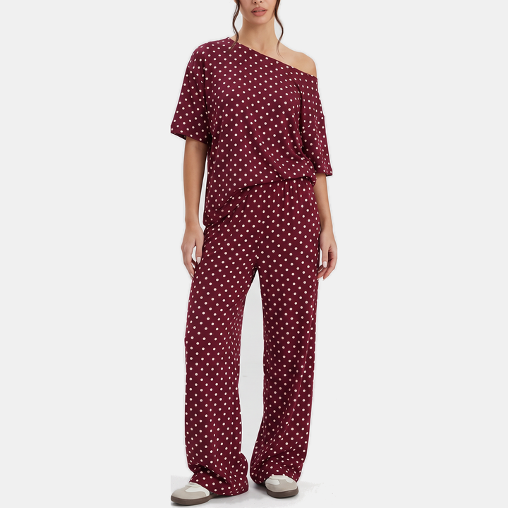 Off-Shoulder Top and Wide-Leg Trousers Women's Lounge Set