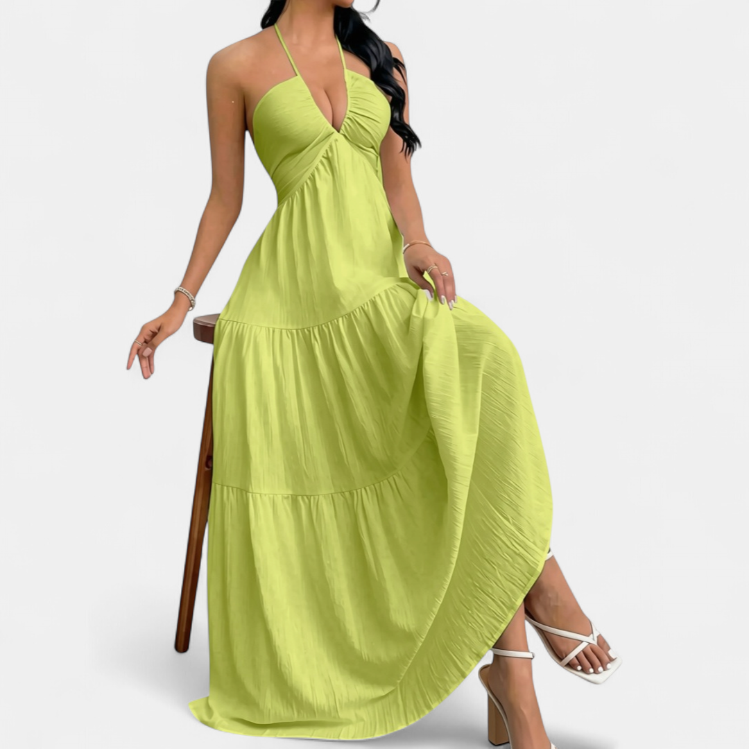 ZARA™ – Chic Halter Neck Maxi Dress with Tie-Back Detail