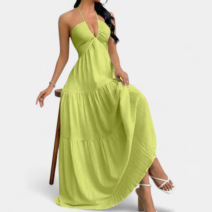 ZARA™ – Chic Halter Neck Maxi Dress with Tie-Back Detail