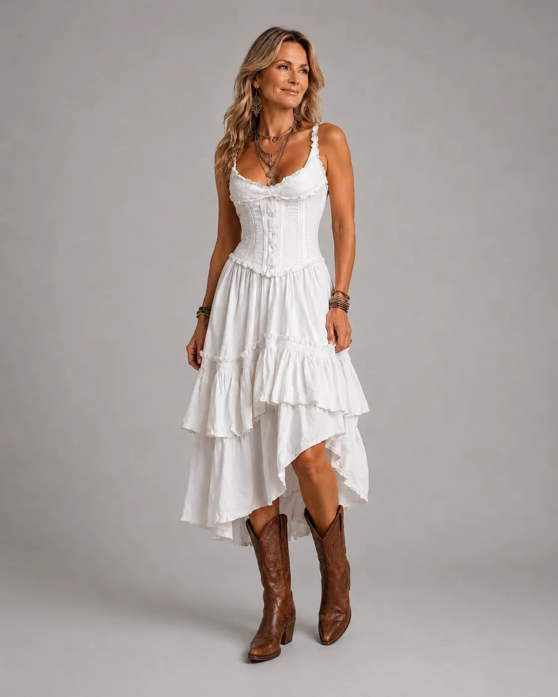 Vintage-Inspired Boho Lace-Trimmed Tiered Midi Corset Dress