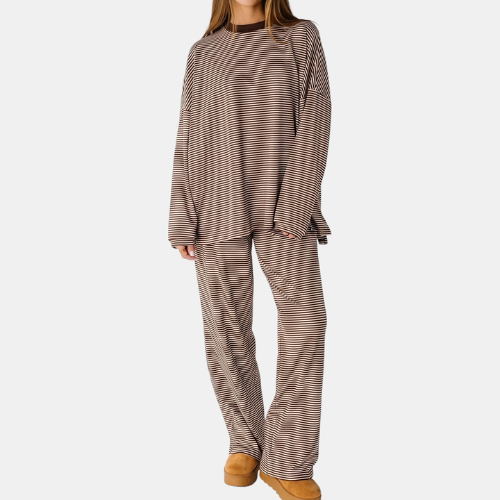 Striped Oversized Two-Piece Women's Pajama Set with Wide Leg