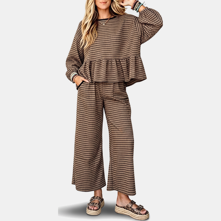 Women's Ruffle Hem Cropped Lounge Set with Wide Leg Trousers