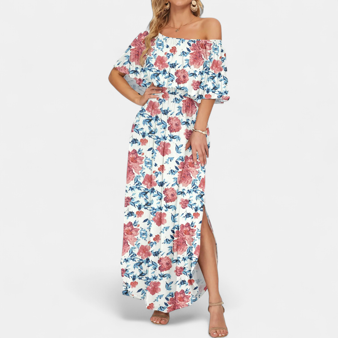 SOLÈNE™ – Off-Shoulder Maxi Dress with Print