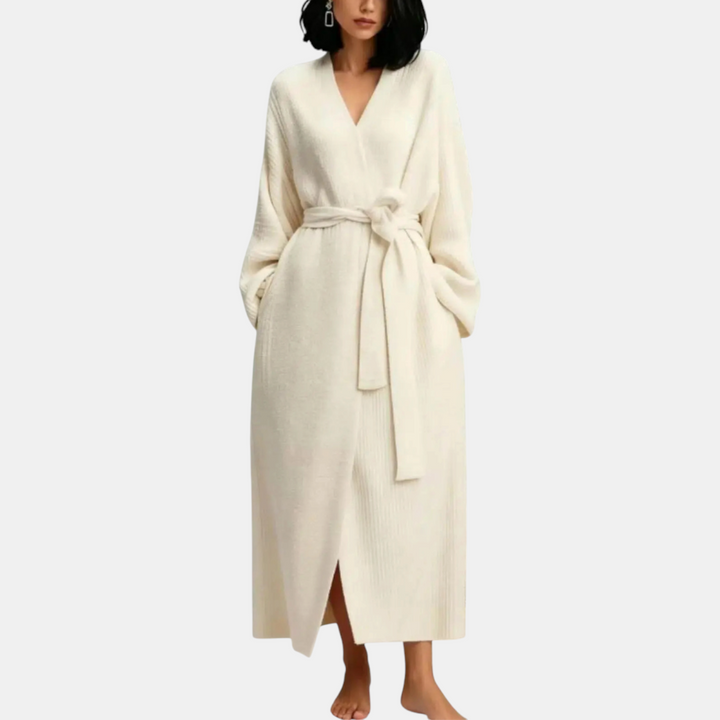 Maxi Ribbed Knit Wrap Robe for Women with Self-Tie Belt