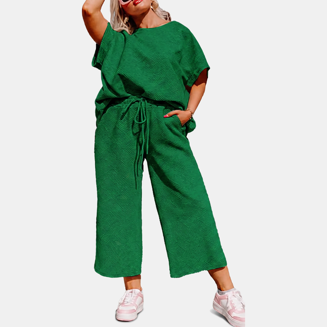 Women's Cropped Wide Leg Lounge Set with Textured Blouson Top