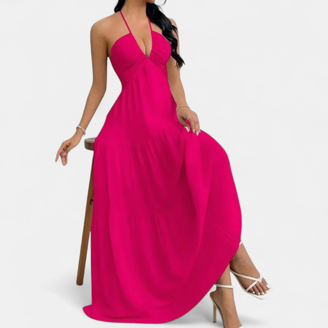 ZARA™ – Chic Halter Neck Maxi Dress with Tie-Back Detail