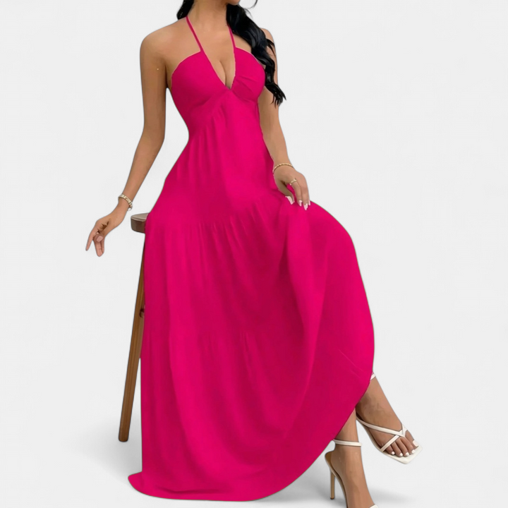ZARA™ – Chic Halter Neck Maxi Dress with Tie-Back Detail