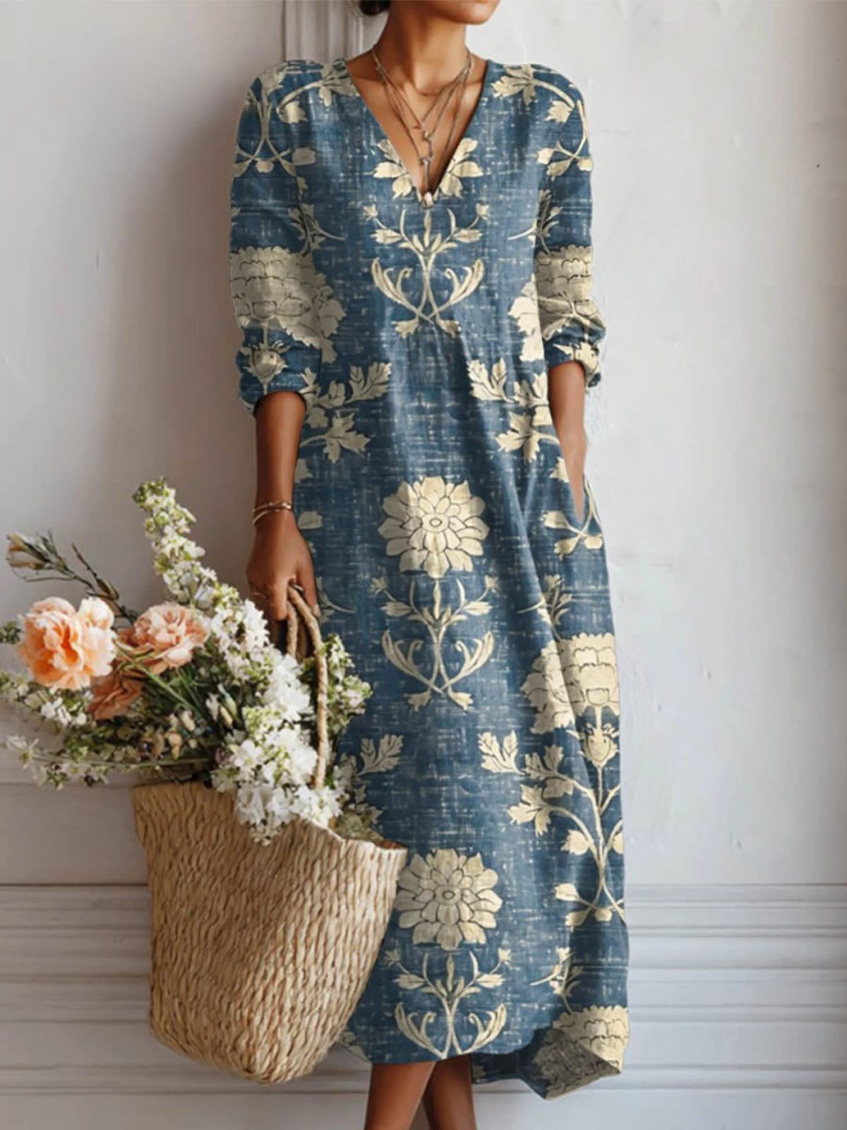 Women's Vintage Floral Print Cotton-Linen Pocket Dress