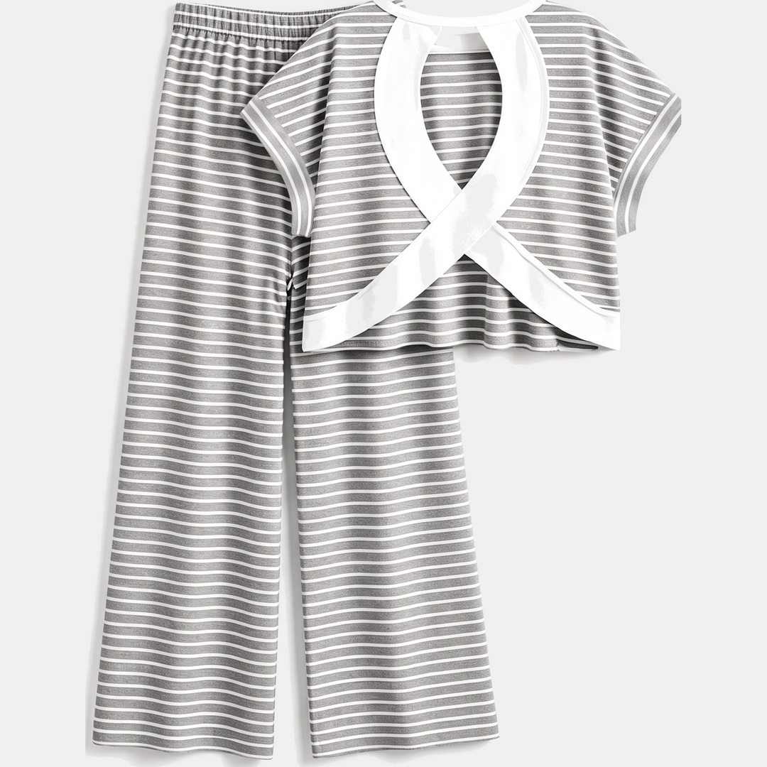 Women's Striped Pajama Set with Open Back and Crossback Design, Wide Leg