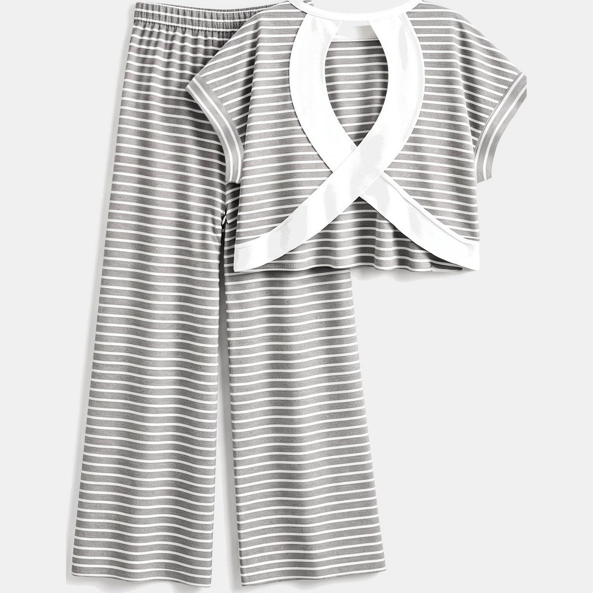 Women's Striped Pajama Set with Open Back and Crossback Design, Wide Leg