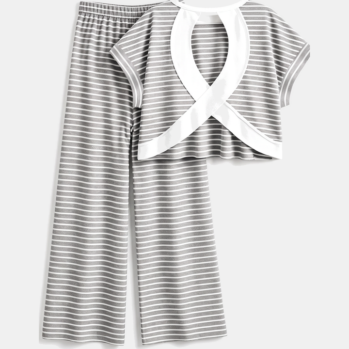 Women's Striped Pajama Set with Open Back and Crossback Design, Wide Leg