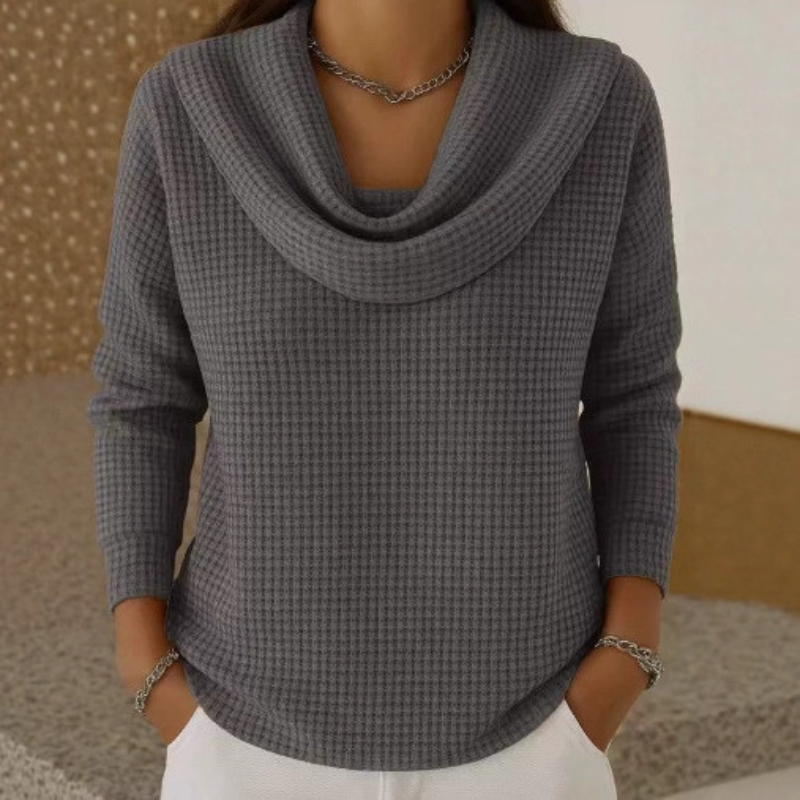 Amber - Cozy Waffle Sweater with Chic Waterfall Neckline