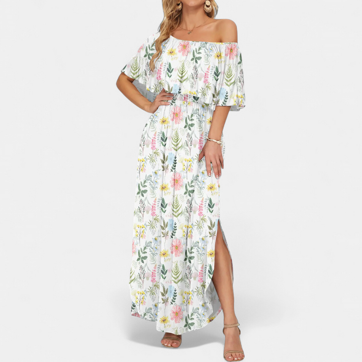 SOLÈNE™ – Off-Shoulder Maxi Dress with Print
