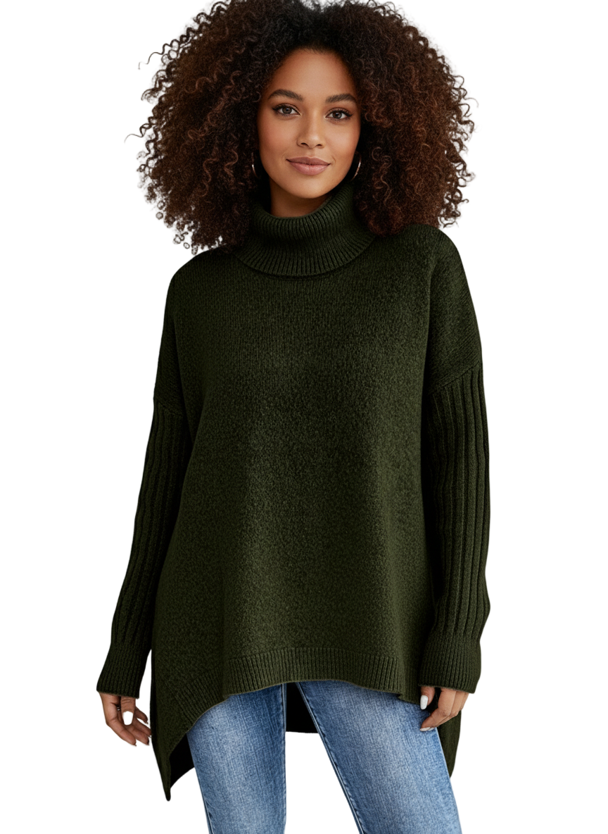 Damaris | Women's Asymmetrical Turtleneck Sweater with Draped Hem