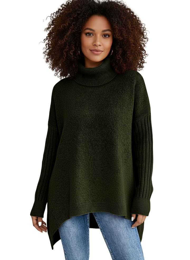 Damaris | Women's Asymmetrical Turtleneck Sweater with Draped Hem