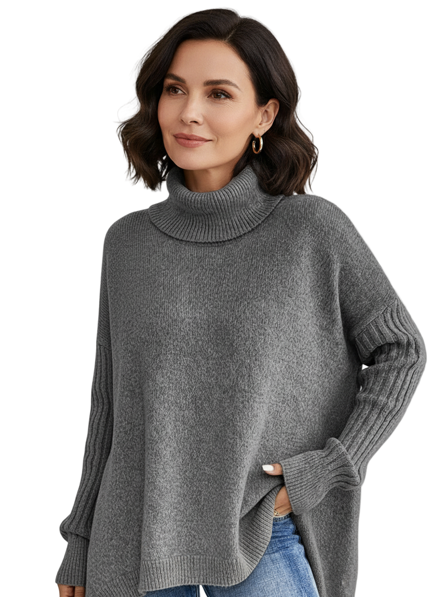 Damaris | Women's Asymmetrical Turtleneck Sweater with Draped Hem