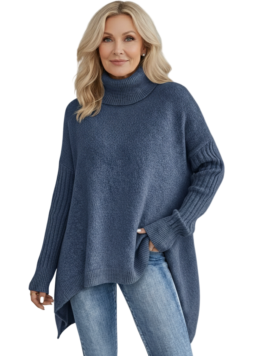 Damaris | Women's Asymmetrical Turtleneck Sweater with Draped Hem