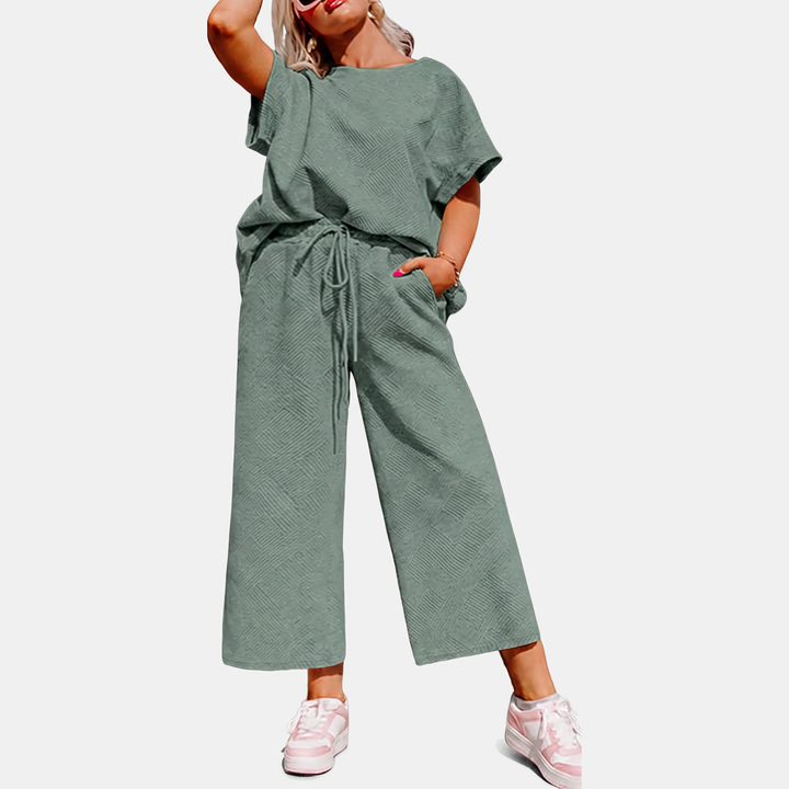 Women's Cropped Wide Leg Lounge Set with Textured Blouson Top